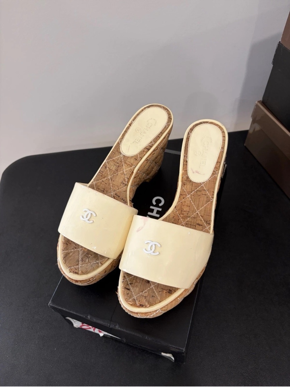 Chanel Cream Patent Slide Wedge Sandals, Size 38
